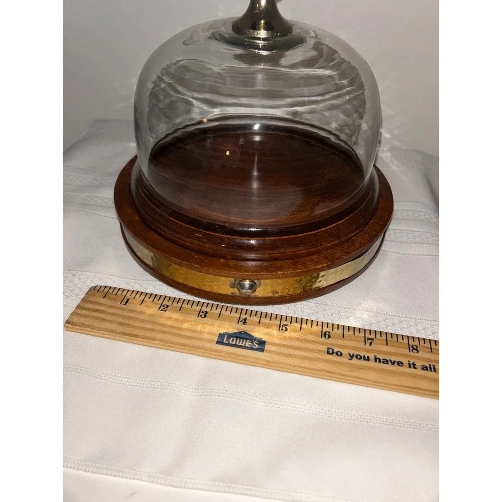 Glass Cloche Dome with Wood Base Brass Hammered Trim Small Cake Cheese Stand